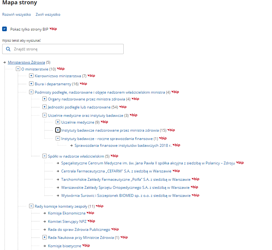 Fragment BIPu Ministerstwa Zdrowia